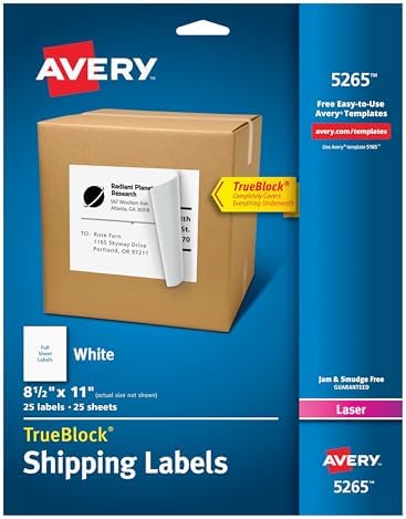 Avery Full Sheet Printable Shipping Labels, 8.5" x 11", White, 25 Blank Mailing Labels (5265)