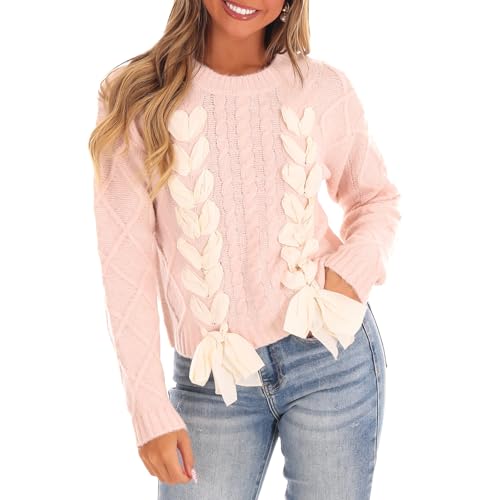 Image of Women Ribbon Sweater Cute Bow Tie Long Sleeve Knit Pullover Winter Casual Crew Neck Cable Knitted Top Streetwear