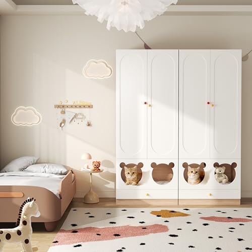 Yihomfy Armoire Enfant 2 Pièces avec Espace de Repos pour Animaux et Penderie, Rangement Modulable 200 cm avec Ouverture Ourson, Design Scandinave Blanc et...
