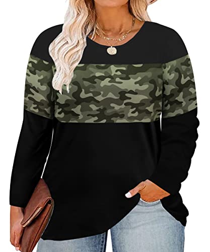 Image of CARCOS Plus Size Tops for Women Color Block Flower /Striped /Camo Crew Neck Long Sleeve Tee Shirt