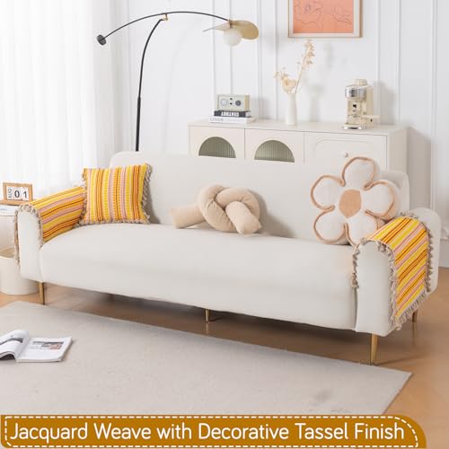 Image of HOKIPO 'Artisan Boho Series' Sofa Arm Cover with Tassel | 450 GSM Thick Cotton Acrylic Jacquard Fabric Armrest Mat Size 50x70 cm, Pack of 2, Mustard Yellow (IN-899-A1*2SM)