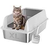 OneBug Stainless Steel Cat Litter Box XL for Big Cats, High-Sided Design Prevents Urine Leakage, Non-Stick, Easy to Clean, Includes Scoop, Gray
