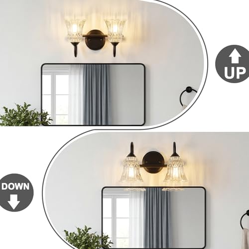 Image of Vintage Farmhouse Vanity Wall Sconce Lighting, 2-Light Matte Black Bathroom Vanity Light Over Mirror with Flower Glass Shade, 14.6 inch Retro Wall Lamp for Hallway Bedroom Living Room