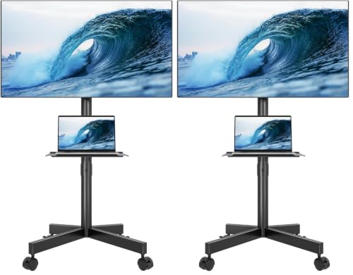 Image of BONTEC Mobile TV Stand for 23-65 Inch TVs, Rolling TV Stand with Locking Wheels, Adjustable Height, Media Shelf, Outdoor TV Stand Max VESA 400x400mm, Holds Up to 88lbs (Pack of 2)