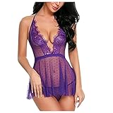 Women 2 Piece Mesh Lingerie Babydoll Nightgown Outfits Sexy See Through Lace Sleepwear Naughty Chemise V Neck Lingerie Set Purple