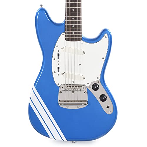 Squier Classic Vibe ’60s Mustang Competition – touche laurier – Lake Placid Blue avec rayures Bleu - Les Beatles, Paul McCartney, John Lennon, RIngo Starr, George Harrison Squier Classic Vibe '60s Mustang Competition - touche laurier - Lake Placid Blue avec rayures Bleu