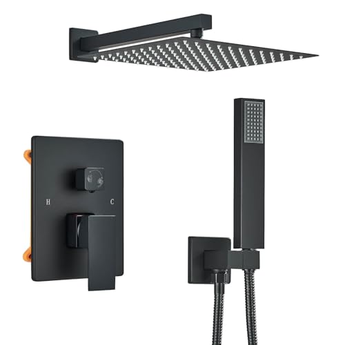 TVTIUO Set De Ducha Sistema Empotrado Negro,Columna para Baño,Alcachofa 30cmx30 cm, de Mano,Cuerpo de Latón
