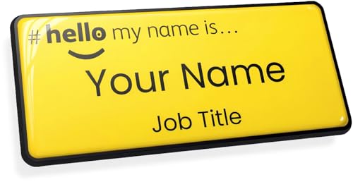 Hello My Name is Gel Domed Yellow Black 76 x 32mm Magnetic Name Badge.