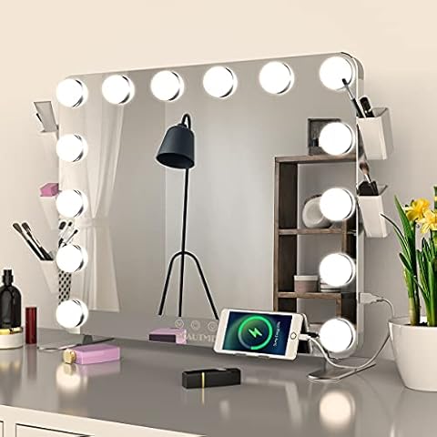 BEAUTME Vanity Mirror with Lights,Makeup Mirror with 10x Magnifying Mirror with Cellphone Holder and Detachable 5pcs Makeup Brush Holder(Silver&White) Cover