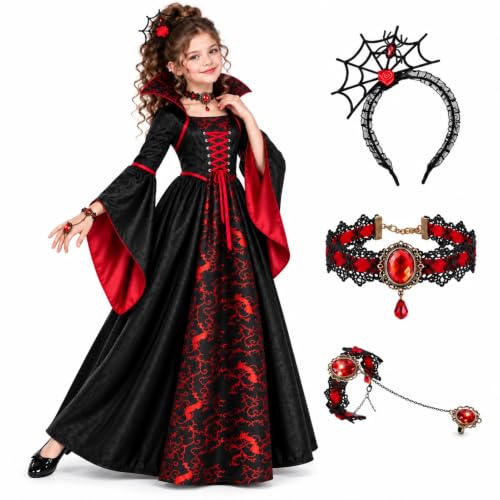 BLmukce Girls Vampire Costume, Vampiress Dress with Headpiece, Necklace and Bracelet, Halloween Cosplay Outfit for Kids