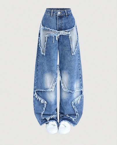 Y2K Wide Leg Jeans for Teen Girls 13-16Y High Waist Star Patchwork Raw Hem Denim Pants Hip Hop Streetwear Pant3