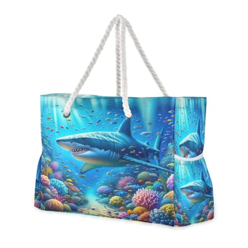 Cute Shark Beach Bag & Travel Tote Bag Large Sandproof Wet Pouch for Gym Travel