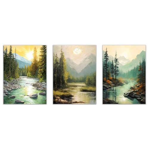 Tableau decoration murale salon JOSUE lot de 3 toiles modernes vert et gris 30x45cm sans cadre
