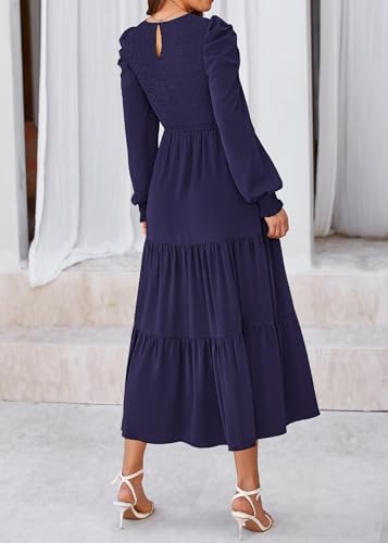 KIRUNDO Spring Dresses for Women 2026 Long Sleeve Maxi Wedding Guest Smocked Crew Neck Empire Waist A Line Flowy Long Dress(Navy, XX-Large) — view 2