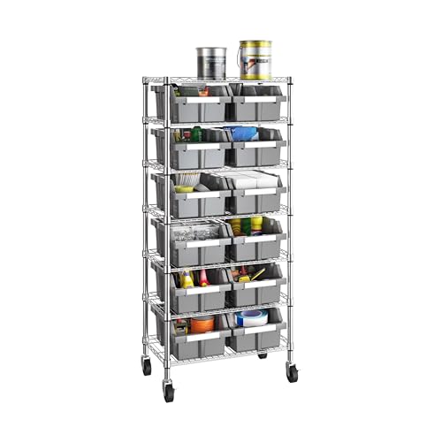 Image of 7-Tier NSF 12-Bin Steel Wire Shelving Rack, 25 inchW x 14 inchD x 56 inchH, Gray | 12 slide-out bins with tilt-lock design keep supplies organized and accessible