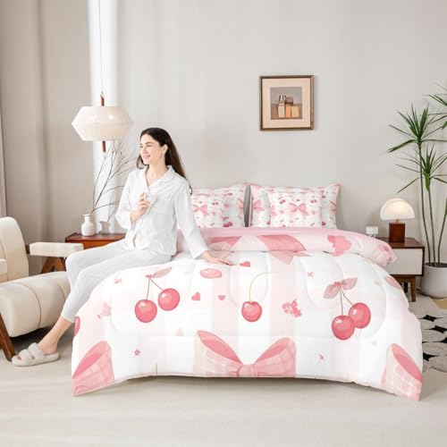 Image of Pink Cherry Bow Bed in a Bag Queen Comforter Set 7 Piece | Kawaii Bow Tie Bedding Sets Dreamy Princess Bowknot Comforter and Sheet Set, Watercolor Ribbon Bowknot Bed Sets,Cute Room Decor