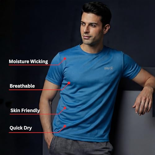 Image of playR Men's Polyester Adult Training Tee - Round Neck Half Sleeve Regular Fit DRIVENT, Lightweight Breathable Activewear for Gym Running Workout Yoga All Season