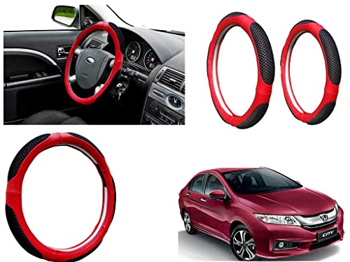 Image of Microfiber Car Steering Wheel Cover, Soft Padding Great Hand Feel, Anti-Slip, Faux Leather Steering Cover for Honda City Idtec 2016 | Black Red Jali - Pack of 1