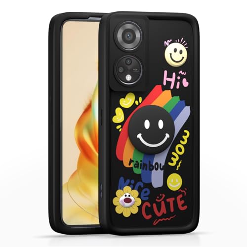 Image of Pikkme Back Cover for Oppo Reno 8T | Soft Silicone| Cute Rainbow Smile & 3D Cartoon Flower Design | Shockproof Raised Camera Protection Bumper Case (Black)