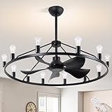 PAZALA 44' Large Ceiling Fans with Lights Wagon Wheel Chandelier Black, 12-Lights Rustic Farmhouse Ceiling Chandelier Fan, Industrial Ceiling Fans with Lights for Dining Room Living Room Kitchen
