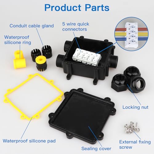 Helunsi Waterproof Junction Box 3 Way, IP68 External Waterproof Electrical Junction Box, Black Underground Junction Box Outdoor Cable Connector, for Diameter 5mm -14mm Wire Gland (1 Pack - Larger)