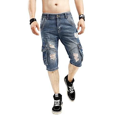 Cargo Denim Shorts Homme RLKHXBS style biker délavé à poches