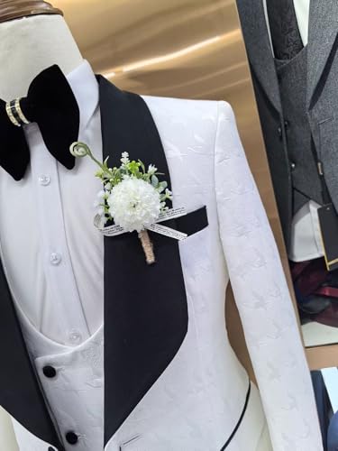 Men's Jacquard 3 Piece Suit White Tuxedo Formal Slim Fit Suit with Vest Black Pants for Wedding3
