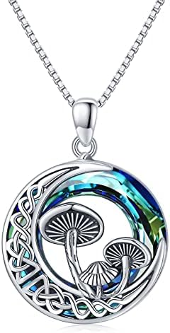 Mushroom Necklace 925 Sterling Silver Celtic Knot Crescent Moon Pendant Necklace with Crystal Mushroom Jewellery Gifts for Women Girlfriend