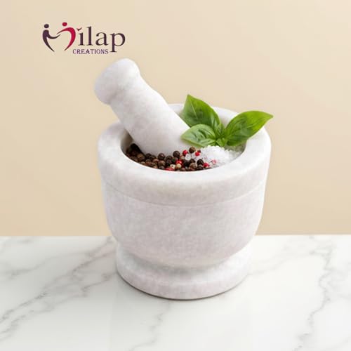 Image of Boat Shape Marble Mortar and Pestle Set Stone, Khalbatta, Kharal, Okhli, Musal Kitchen Tool For Crushing Grinding Blending (Imamdasta-White-4-Inch)