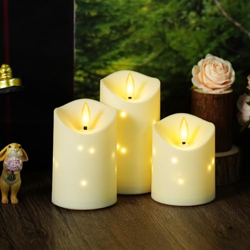 Image of kakoya Outdoor Waterproof Flickering Flameless Candles with Embedded Star String,3Pcs LED Pillar Candles Battery Operated with Remote and Timers for Courtyard,Porch,Camping,Holiday Decoration(Ivory)