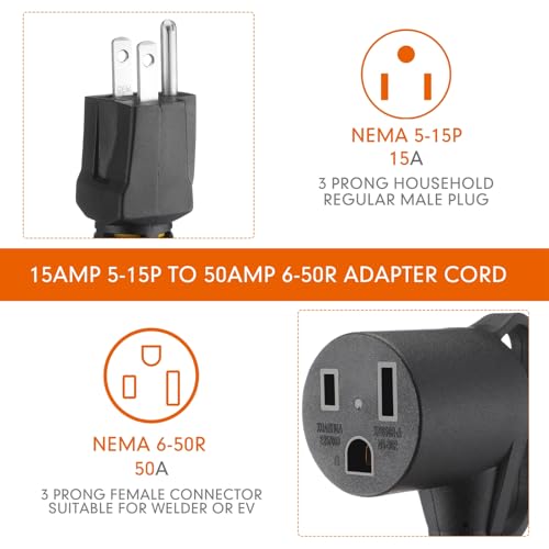 Image of Tellegloww 1ft NEMA 5-15P to 6-50R Welder Adapter Cord 15Amp 5-15P Male to 50Amp 6-50R Female 3 Prong to 3 Prong Welding Power Adapter, STW 10 AWG /3C, ETL Listed