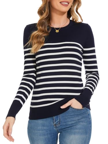 Image of Sweaters for Women Striped Crew Neck Pullover Sweater Lightweight Long Sleeve Fall Knit Tops