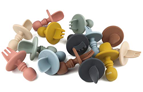 Foto von OLGS Silikon Besteck Kinderbesteck 2er Set | Esslernbesteck, Babybesteck, Babylöffel, Baby Gabel Löffel Esslernlöffel BPA-frei Mustard | Lernlöffel Babygabel Kindergeschirr Fütterungslöffel für Kinder