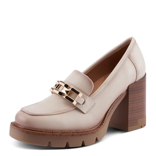 PATRIZIA Women's Dajah Inset Heel Loafers with Burnished Finish, Geometric Metal Detail, and Comfortable Fit