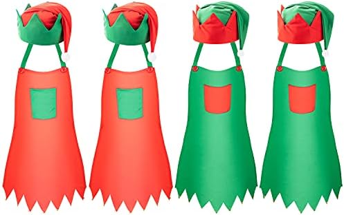 8 Piece Christmas Elf Apron & Hat Kit - Party Costume Set With Jingle Bells