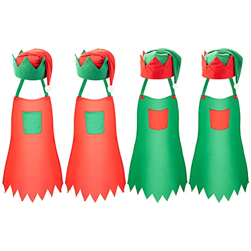 8 Pieces Christmas Apron and Hat Kits Christmas Elf Apron and Elf Hat Gifts Accessoriess for Christmas Party Costume Supplies (red, green, 8), 30*21inches