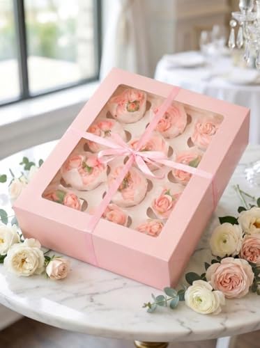 Image of Bakepacker Auto-pop up 12 Cupcake Containers 6-Packs Pink Cupcakes Carrier, 12 Cupcake Boxes with Window 13 inchx10 inchx3.5 inch