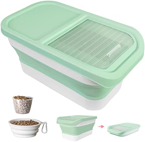 DDMOMMY Collapsible Dog Food Storage Container, 10-13 Lb Large Pet Cat Food Containers Bin With Lids, Foldable Kitchen Cereal Rice Storage Bin With Measuring Cup And Silicone Bowl, Green With White.