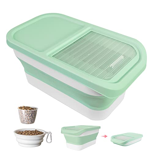 Ddmommy Collapsible Dog Food Storage Container, 10-13 Lb Large Pet Cat Food Containers Bin With Lids, Foldable Kitchen Cereal Rice Storage Bin With Measuring Cup And Silicone Bowl, Green With White. #TOP21