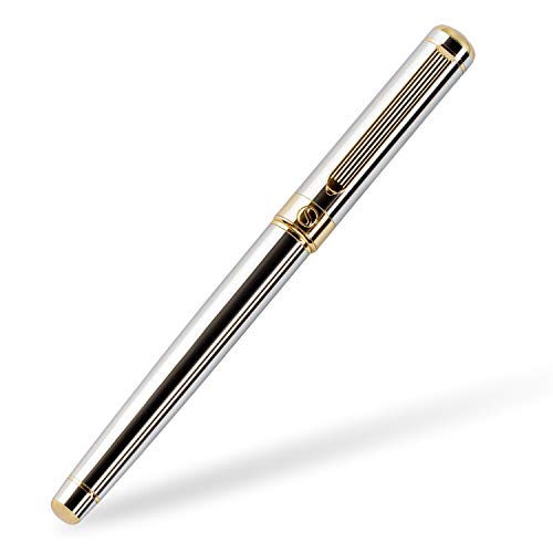 Scriveiner Silver Chrome Rollerball Pen - Stunning Luxury Pen With 24K Gold Finish, Schmidt Ink Refill, Best Roller Ball Pen Gift Set For Men & Women, Professional, Executive Office, Nice, Fancy Pens #TOP3