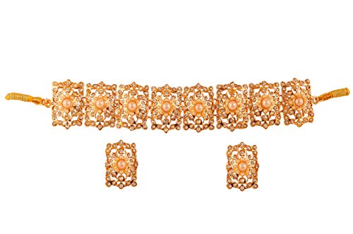 Image of Touchstone Mughal Jali Collection Gold Tone Indian Mughal Bollywood White Diamante Jewelry Choker Set for Women