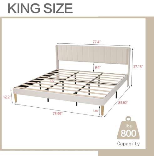 Image of AGARTT Upholstered Platform Bed Frame King Size, Beige Velvet