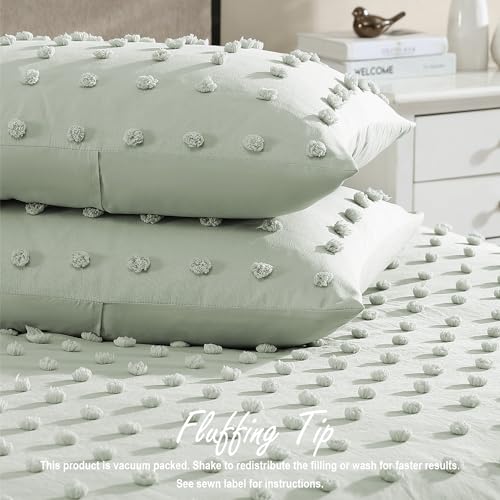 Image of Swift Home Full /Queen Sage Comforter Set - Decorative Tufted Pom Poms Bedding Set - 3 Pieces Bed Linen, 1 Comforter and 2 Pillow Shams