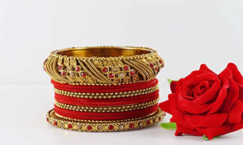 Image of NMII Metal with Zircon Gemstone and Beads Studded Ball Chain Linked Glossy Finished Velvet Bangles Chuda set for Women and Girls