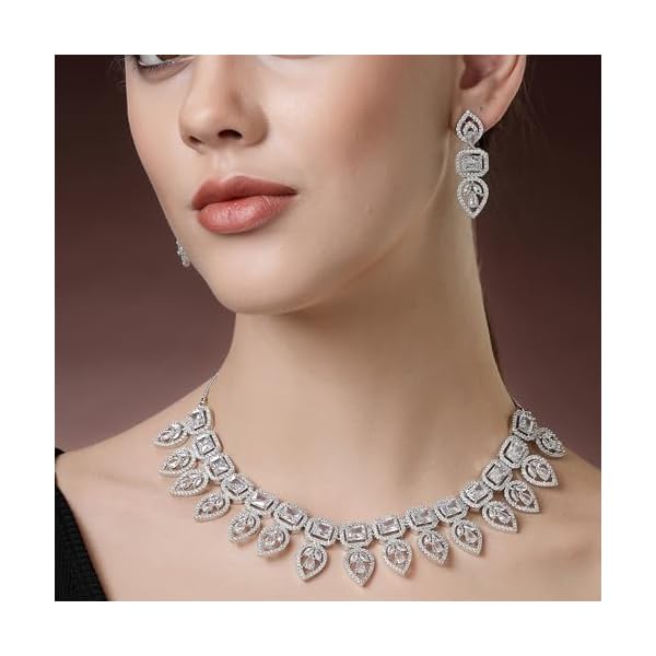 ZENEME Jewellery Set Leaf Style AD/American Diamond Rectangle Shaped Studded Rose Gold Plated Handcrafted Circle Necklace Set for Women & Girls - Image 5