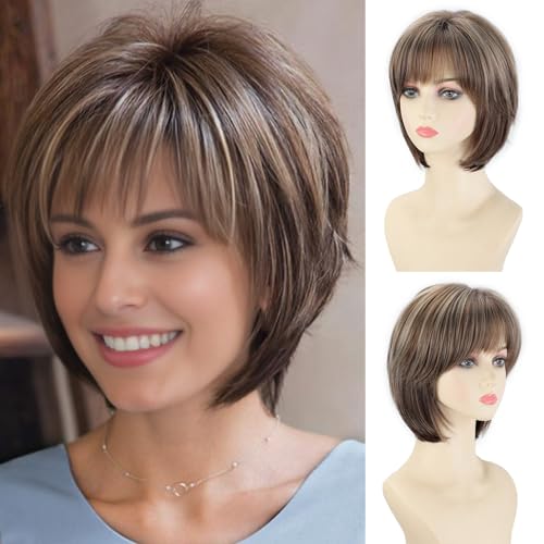 SEVENCOLORS Short Brown Wigs for White Women Natural Hair Brown