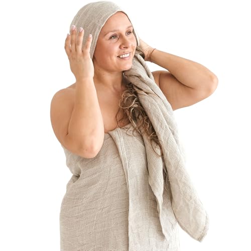 Thing Stories 100% Natural Linen Bath Towel - Lightweight Quick-Dry Absorbent Exfoliating Linen Towel - Open Weave Hair Drying Towel