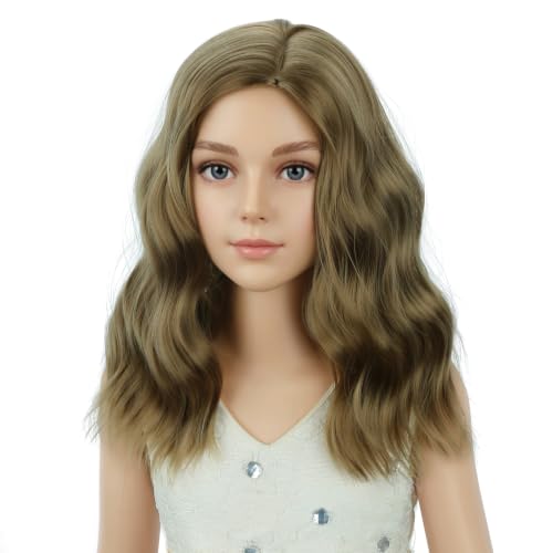 Image of PATTNIUM Dark Blonde Short Curly Wavy Wigs for Kids Girls Ash Blond Side Part Shoulder Length Heat Resistant Synthetic Wig Halloween Cosplay Costume Party Daily Wigs