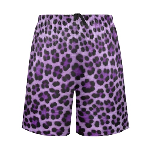 Mens Sleep Shorts Purple Leopard Pattern Print, Elastic Pajama Short Pants with Pockets Drawstring