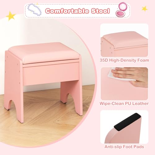 Image of INFANS Kids Vanity with Lights, Princess Makeup Desk with Mirror Storage Shelves, Toddler Table and Chair Set Pretend Play for Girls Aged 4-9